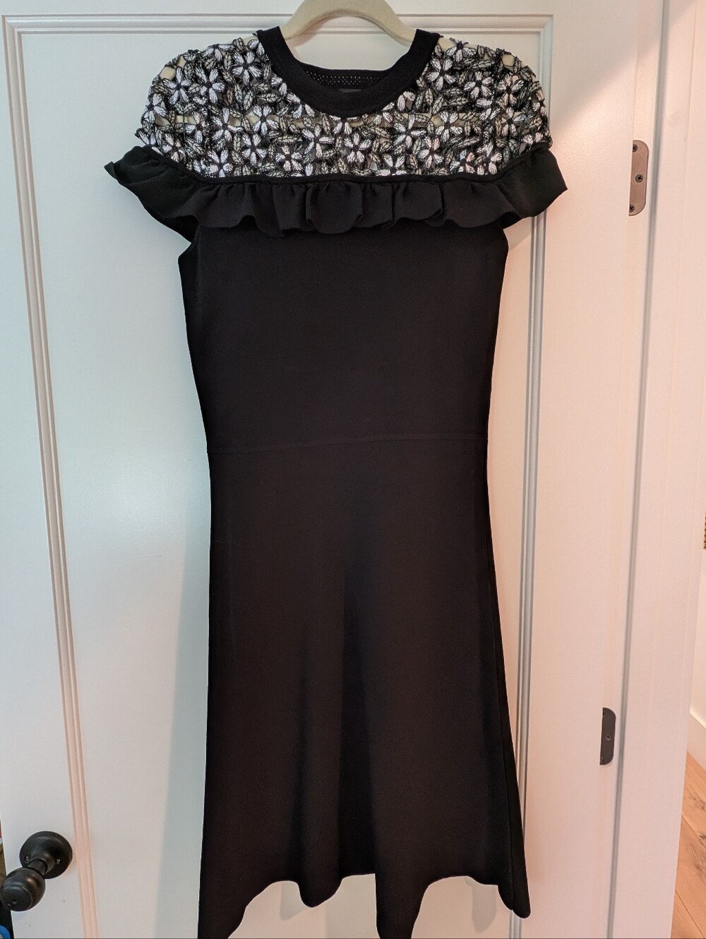Elie Tahari Black Dress with Floral Crochet-Like Embroidery, Size Small